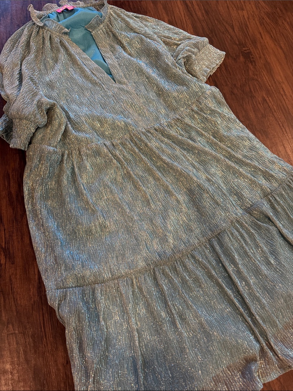 Shimmery Light Blue Tiered V-Neck Women's Babydoll Dress